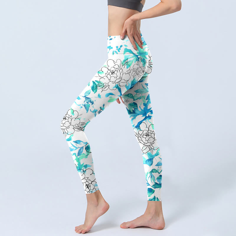 Leggings de yoga para mujer con estampado de líneas de flores de peonía en acuarela azul y Buddha Stones - image 2