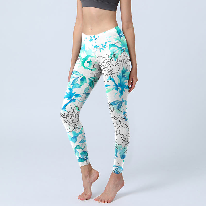 Leggings de yoga para mujer con estampado de líneas de flores de peonía en acuarela azul y Buddha Stones - Azul Alicia - US18，UK/AU22，EU50 (4XL) - image 0