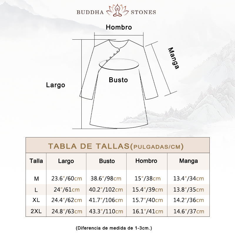 Camisa de manga tres cuartos con botones de rana, flores azules y Buddha Stones, con estampado de hojas naranjas y diseño de piedras de Buda. - image 3