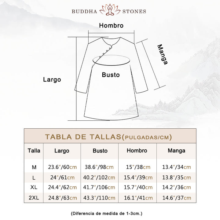 Camisa de manga tres cuartos con botones de rana, flores azules y Buddha Stones, con estampado de hojas naranjas y diseño de piedras de Buda. - image 3