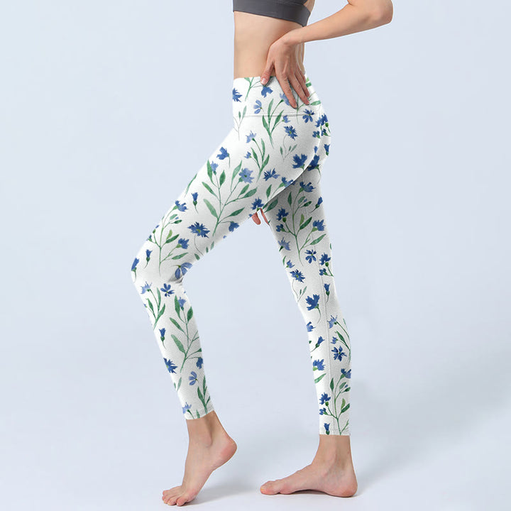 Leggings de yoga para mujer con estampado de hojas y flores blancas y Buddha Stones - image 3