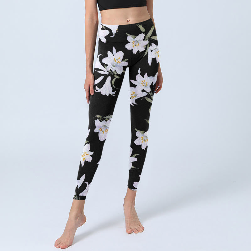 Leggings de yoga para mujer con estampado de hojas y flores de lirio negro y Buddha Stones - image 6