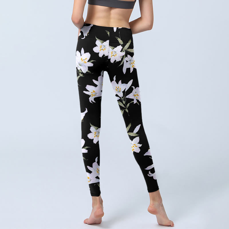 Leggings de yoga para mujer con estampado de hojas y flores de lirio negro y Buddha Stones - image 7
