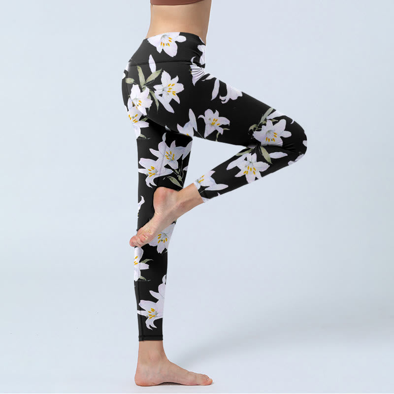 Leggings de yoga para mujer con estampado de hojas y flores de lirio negro y Buddha Stones - image 4