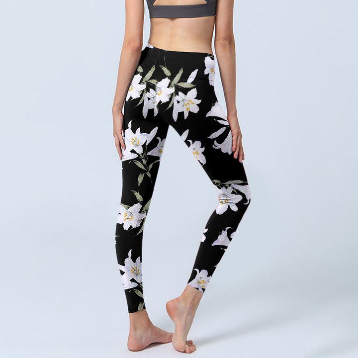 Leggings de yoga para mujer con estampado de hojas y flores de lirio negro y Buddha Stones - image 5