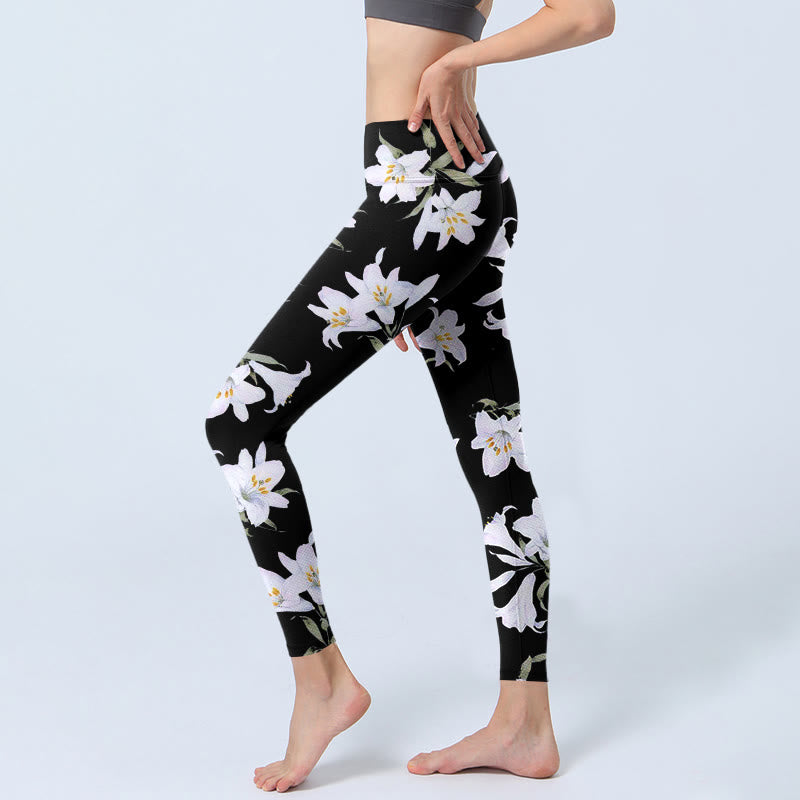 Leggings de yoga para mujer con estampado de hojas y flores de lirio negro y Buddha Stones - image 3