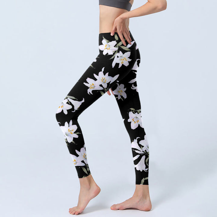 Leggings de yoga para mujer con estampado de hojas y flores de lirio negro y Buddha Stones - image 3