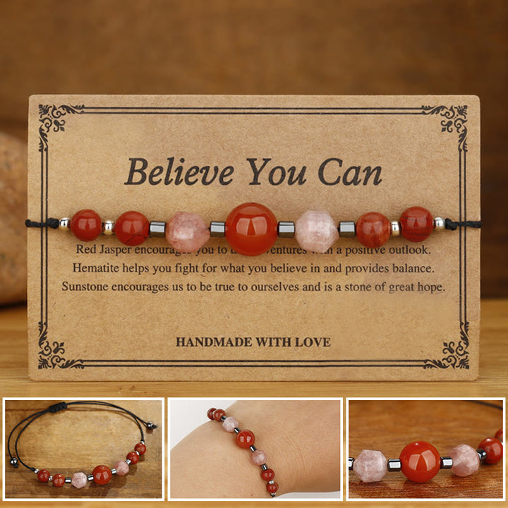 Pulsera positiva con Buddha Stones " Cree que puedes", cornalina, jaspe rojo, hematita y piedra solar