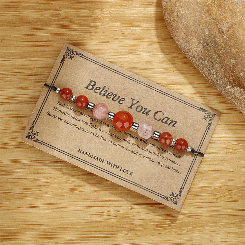 Pulsera positiva con Buddha Stones " Cree que puedes", cornalina, jaspe rojo, hematita y piedra solar