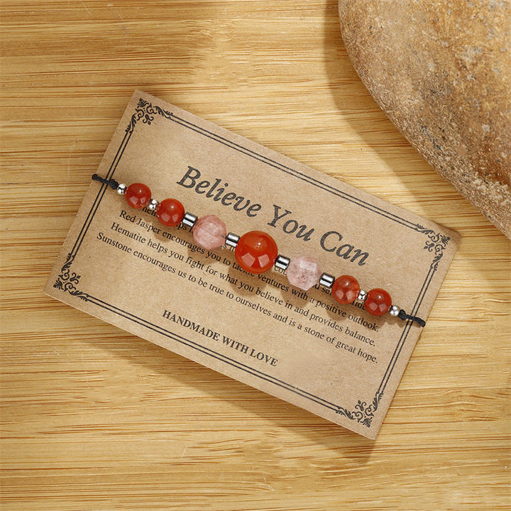 Pulsera positiva con Buddha Stones " Cree que puedes", cornalina, jaspe rojo, hematita y piedra solar