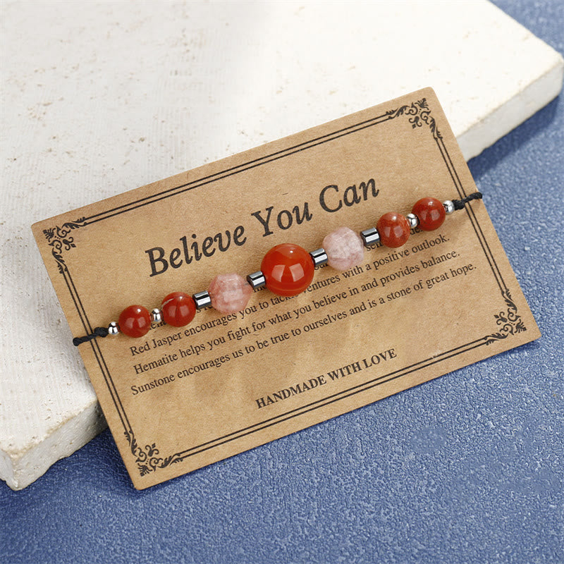Pulsera positiva con Buddha Stones " Cree que puedes", cornalina, jaspe rojo, hematita y piedra solar