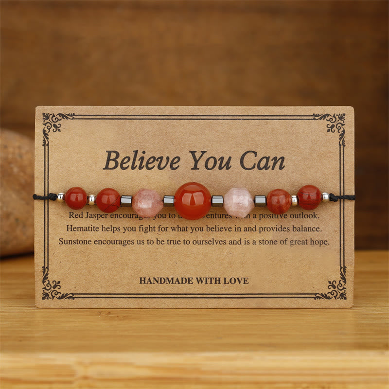 Pulsera positiva con Buddha Stones " Cree que puedes", cornalina, jaspe rojo, hematita y piedra solar