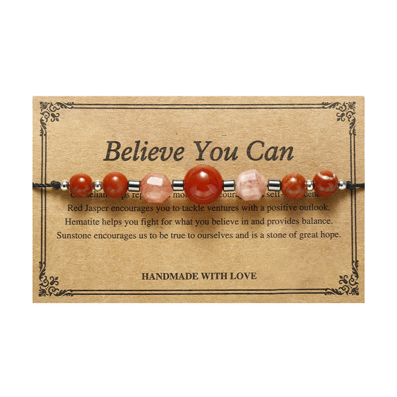 Pulsera positiva con Buddha Stones " Cree que puedes", cornalina, jaspe rojo, hematita y piedra solar
