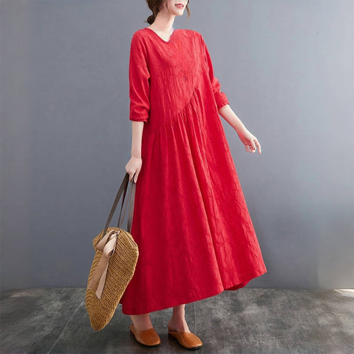 Vestido midi de algodón y lino con estampado jacquard de Buddha Stones Smiple, manga larga y bolsillos para mujer - image 9