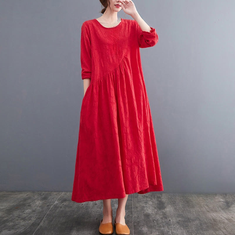 Vestido midi de algodón y lino con estampado jacquard de Buddha Stones Smiple, manga larga y bolsillos para mujer - image 11