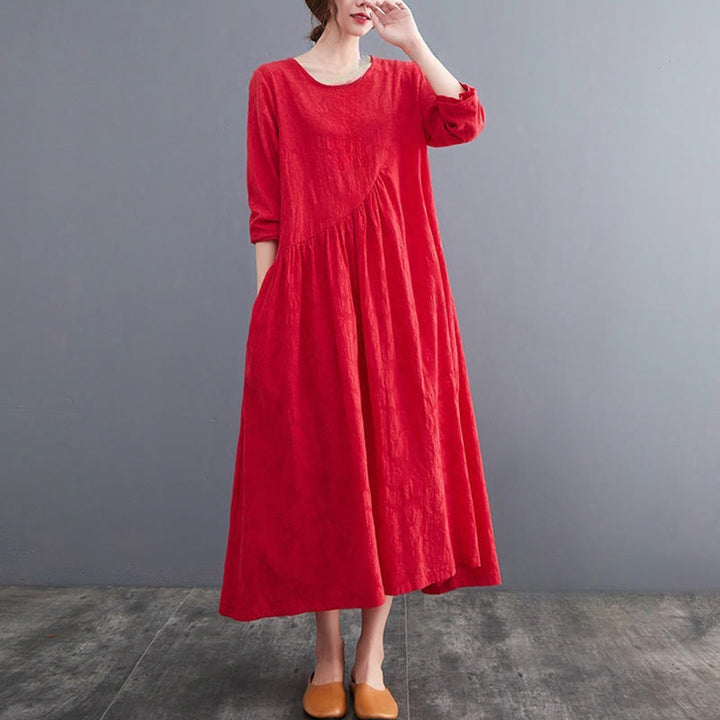 Vestido midi de algodón y lino con estampado jacquard de Buddha Stones Smiple, manga larga y bolsillos para mujer - image 11