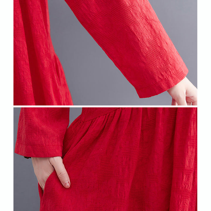 Vestido midi de algodón y lino con estampado jacquard de Buddha Stones Smiple, manga larga y bolsillos para mujer - image 18