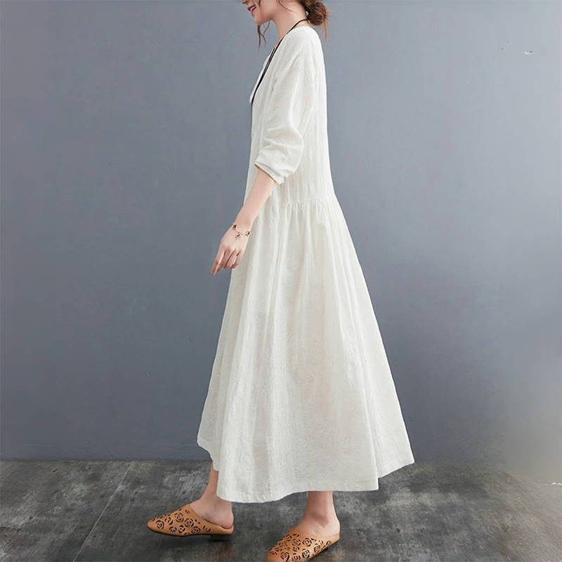 Vestido midi de algodón y lino con estampado jacquard de Buddha Stones Smiple, manga larga y bolsillos para mujer - image 2