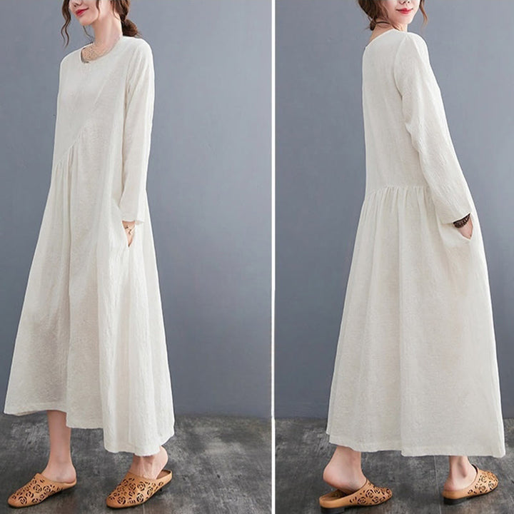 Vestido midi de algodón y lino con estampado jacquard de Buddha Stones Smiple, manga larga y bolsillos para mujer - image 5