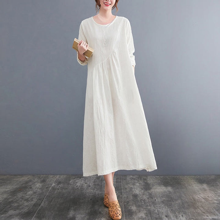 Vestido midi de algodón y lino con estampado jacquard de Buddha Stones Smiple, manga larga y bolsillos para mujer - image 4