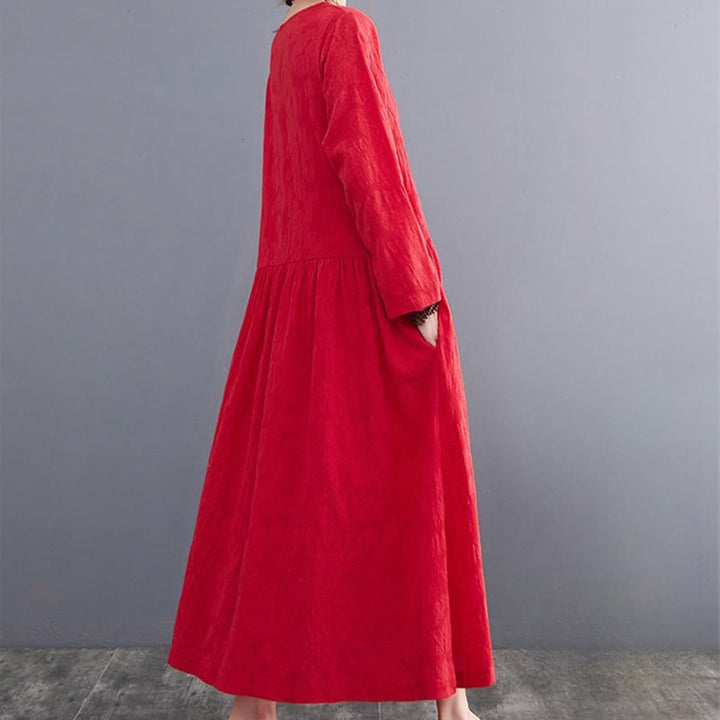 Vestido midi de algodón y lino con estampado jacquard de Buddha Stones Smiple, manga larga y bolsillos para mujer - image 14