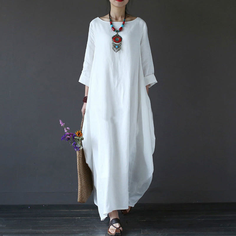 Vestido largo de algodón con mangas tres cuartos y estampado de Buddha Stones para mujer - Blanco - US16, UK/AU20, EU48 (5XL) - image 1