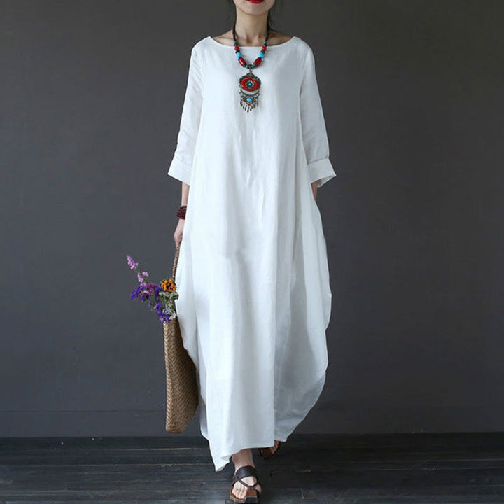 Vestido largo de algodón con mangas tres cuartos y estampado de Buddha Stones para mujer - Blanco - US16, UK/AU20, EU48 (5XL) - image 1