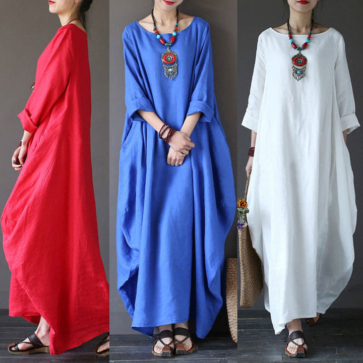 Vestido largo de algodón con mangas tres cuartos y estampado de Buddha Stones para mujer - image 8