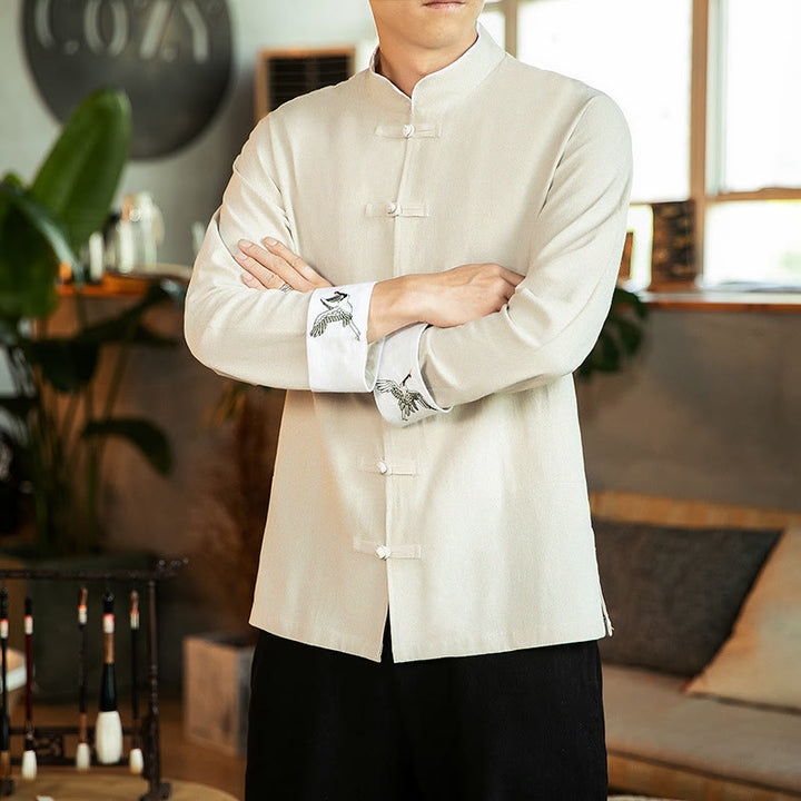Camisa de algodón de manga larga para hombre con bordado de grulla y botones de rana y Buddha Stones - Beige - US/UK/AU46, EU56 (5XL) - image 8