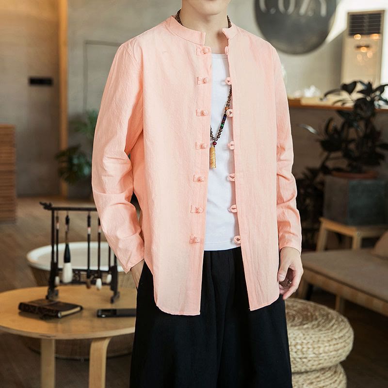 Camisa de lino para hombre, estilo casual, con cuello alto, botones de rana y manga larga, con estampado de Buddha Stones - Rosa claro - US/UK/AU46, EU56 (5XL) - image 13