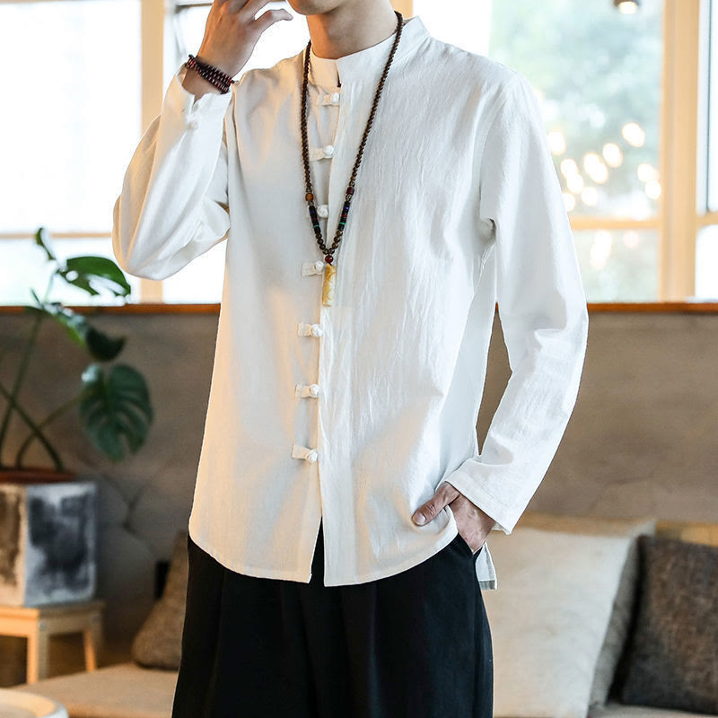Camisa de lino para hombre, estilo casual, con cuello alto, botones de rana y manga larga, con estampado de Buddha Stones - Blanco - US/UK/AU46, EU56 (5XL) - image 0
