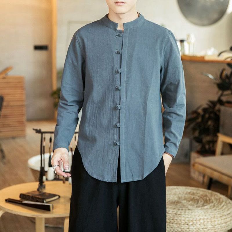 Camisa de lino para hombre, estilo casual, con cuello alto, botones de rana y manga larga, con estampado de Buddha Stones - Gris oscuro - US/UK/AU46, EU56 (5XL) - image 10