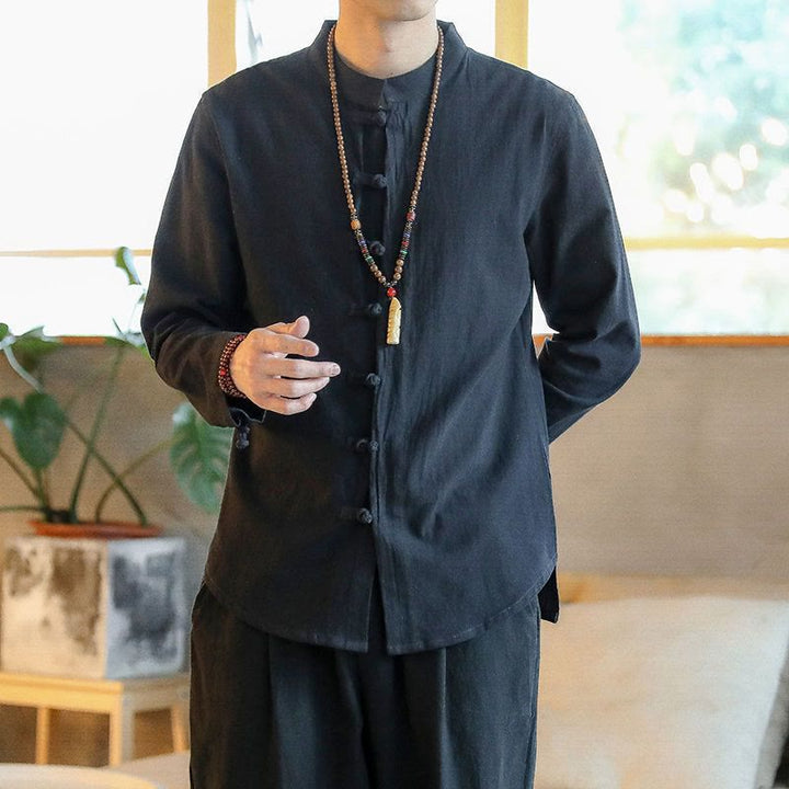 Camisa de lino para hombre, estilo casual, con cuello alto, botones de rana y manga larga, con estampado de Buddha Stones - Negro - US/UK/AU46, EU56 (5XL) - image 6