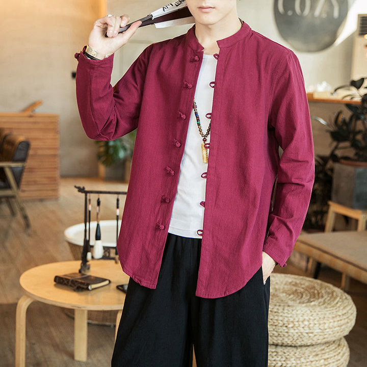 Camisa de manga larga estilo Tang Suit para hombre, con cuello alto y botones de rana, estilo casual, con estampado de Buddha Stones. - Carmesí - US/UK/AU46, EU56 (5XL) - image 15