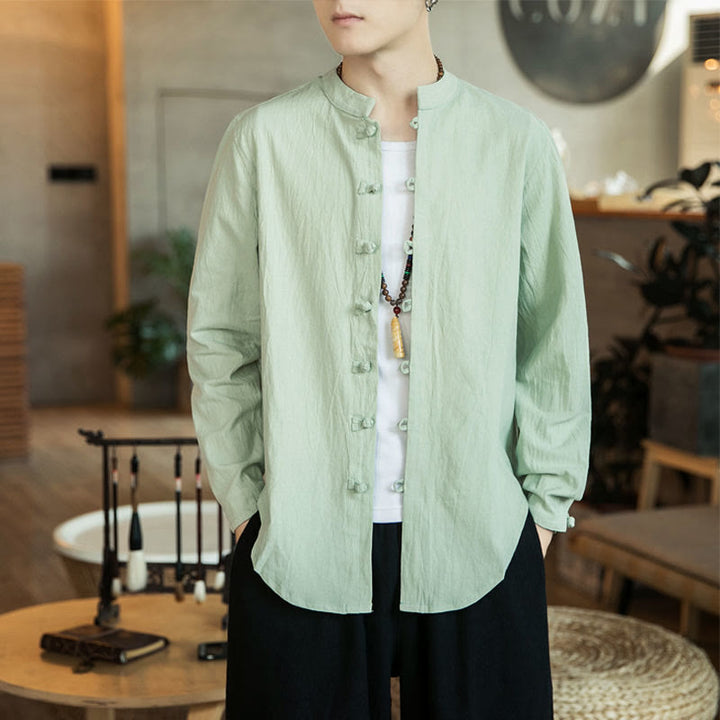 Camisa de lino para hombre, estilo casual, con cuello alto, botones de rana y manga larga, con estampado de Buddha Stones - Crema de menta - US/UK/AU46, EU56 (5XL) - image 12