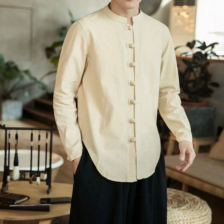 Camisa de lino para hombre, estilo casual, con cuello alto, botones de rana y manga larga, con estampado de Buddha Stones - Beige - US/UK/AU46, EU56 (5XL) - image 11