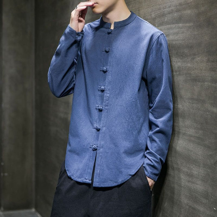Camisa de lino para hombre, estilo casual, con cuello alto, botones de rana y manga larga, con estampado de Buddha Stones - Azul aciano - US/UK/AU46, EU56 (5XL) - image 14