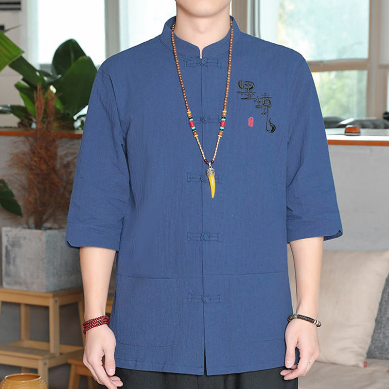 Camisa de lino y algodón para hombre con manga tres cuartos y botones de rana con Buddha Stones - Azul acero - US/UK/AU46, EU56 (5XL) - image 22
