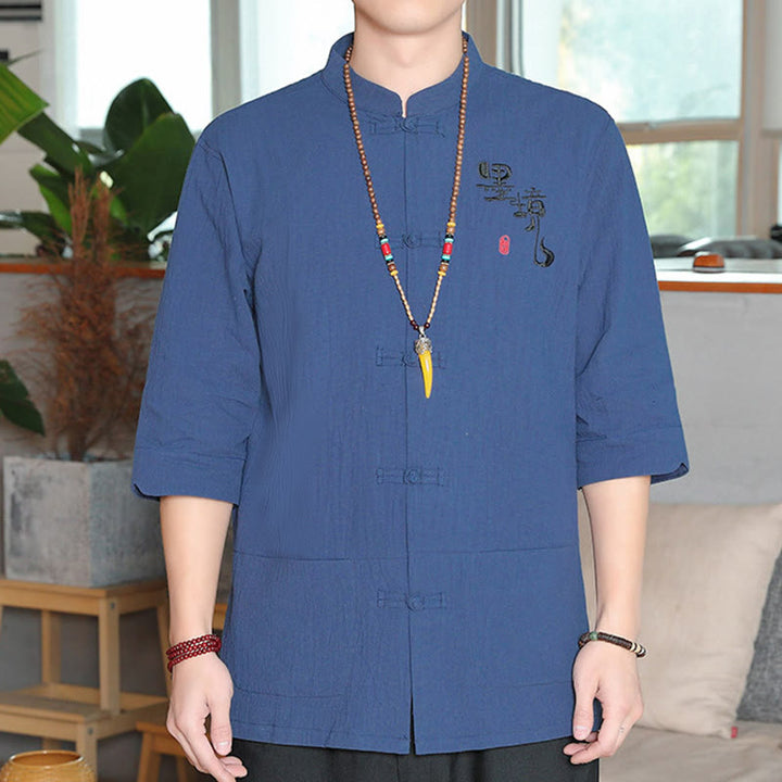 Camisa de lino y algodón para hombre con manga tres cuartos y botones de rana con Buddha Stones - Azul acero - US/UK/AU46, EU56 (5XL) - image 22
