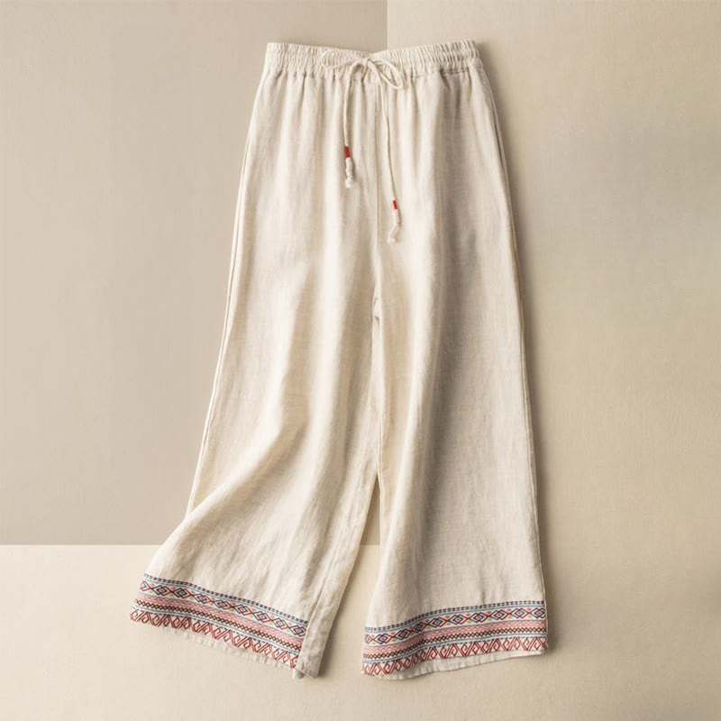 Pantalones anchos de lino y algodón con cordón ajustable, diseño bohemio, bordado con Buddha Stones, para mujer, con bolsillos - Beige - US8-10, UK/AU12-14, EU40-42 (XL) - image 0