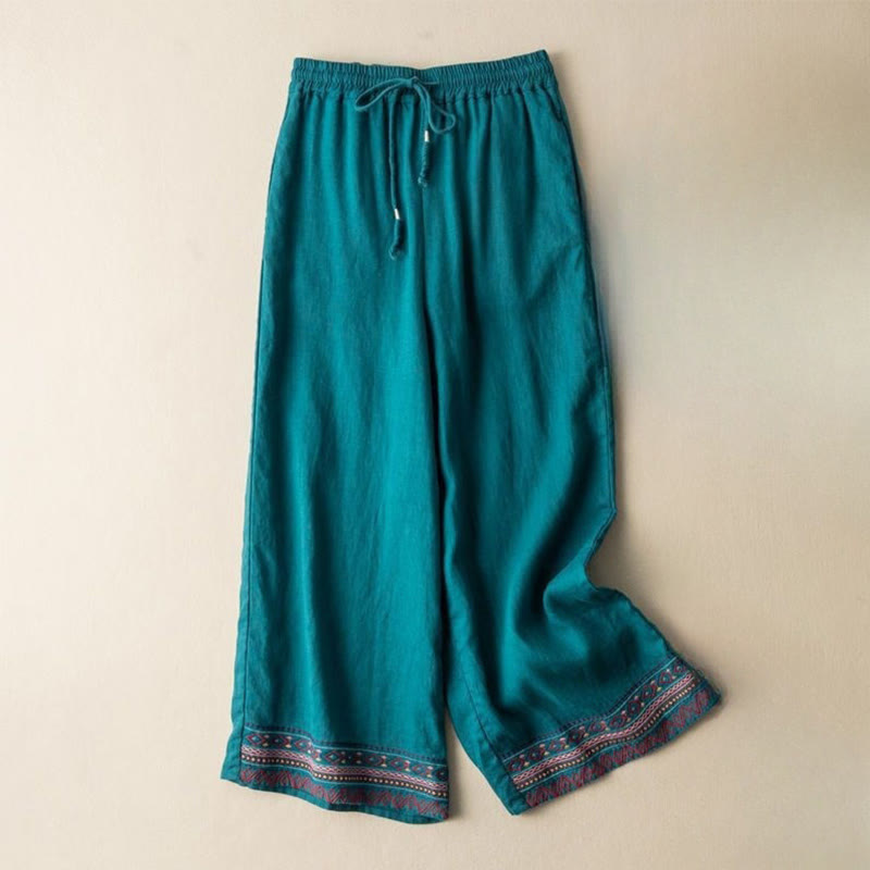 Pantalones anchos de lino y algodón con cordón ajustable, diseño bohemio, bordado con Buddha Stones, para mujer, con bolsillos - Verde mar claro - US12，UK/AU16，EU44 (XL) - image 5