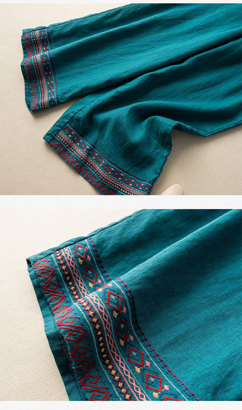 Pantalones de mujer de pierna ancha con cordón ajustable y bolsillos, con bordado informal de Buddha Stones y estilo bohemio. - image 7