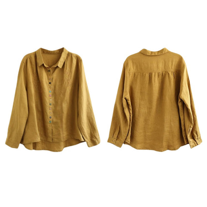 Camisa de lino y algodón para mujer, de manga larga, con bordado de Buddha Stones y botones de colores