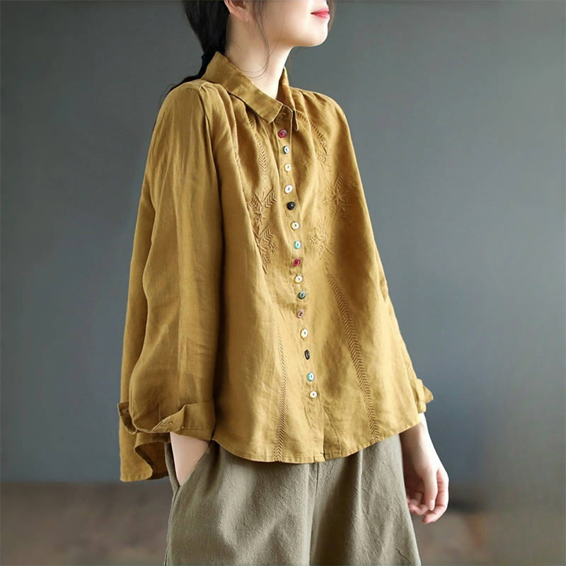 Camisa de mujer de manga larga con botones coloridos y bordado de Buddha Stones para primavera. - image 1