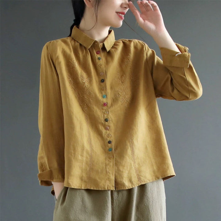 Camisa de lino y algodón para mujer, de manga larga, con bordado de Buddha Stones y botones de colores