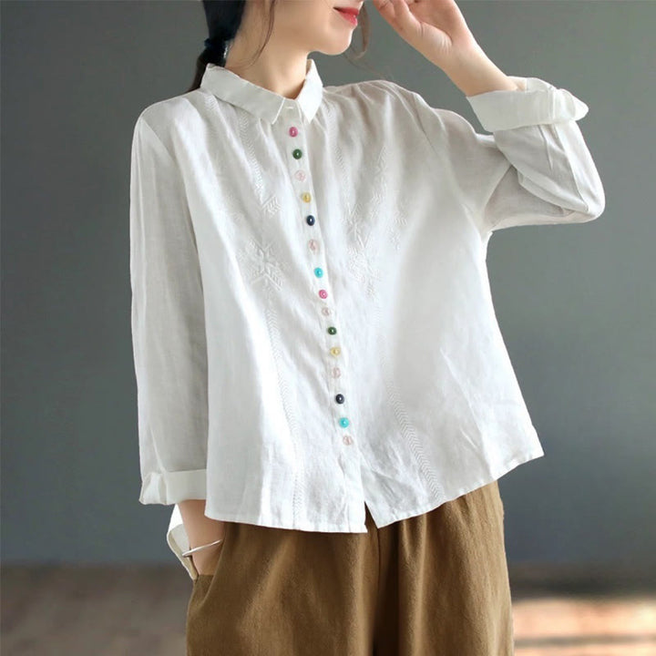 Camisa de lino y algodón para mujer, de manga larga, con bordado de Buddha Stones y botones de colores