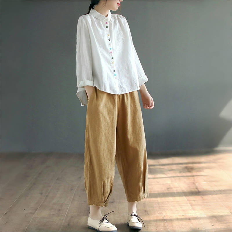 Camisa de lino y algodón para mujer, de manga larga, con bordado de Buddha Stones y botones de colores