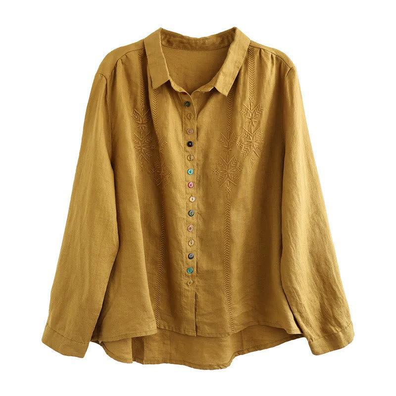 Camisa de lino y algodón para mujer, de manga larga, con bordado de Buddha Stones y botones de colores