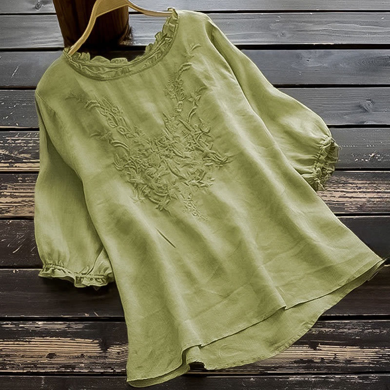 Camiseta informal de algodón y lino con cuello redondo, mangas abullonadas y volantes con bordado de piedras de Buddha Stones para mujer - Verde claro - US14, UK/AU18, EU46 (4XL) - image 0