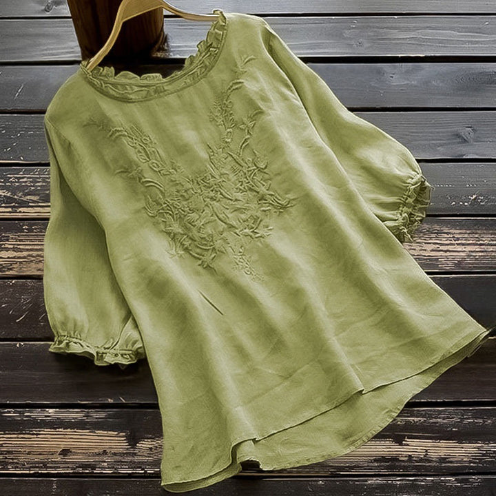 Camiseta informal de algodón y lino con cuello redondo, mangas abullonadas y volantes con bordado de piedras de Buddha Stones para mujer - Verde claro - US14, UK/AU18, EU46 (4XL) - image 0